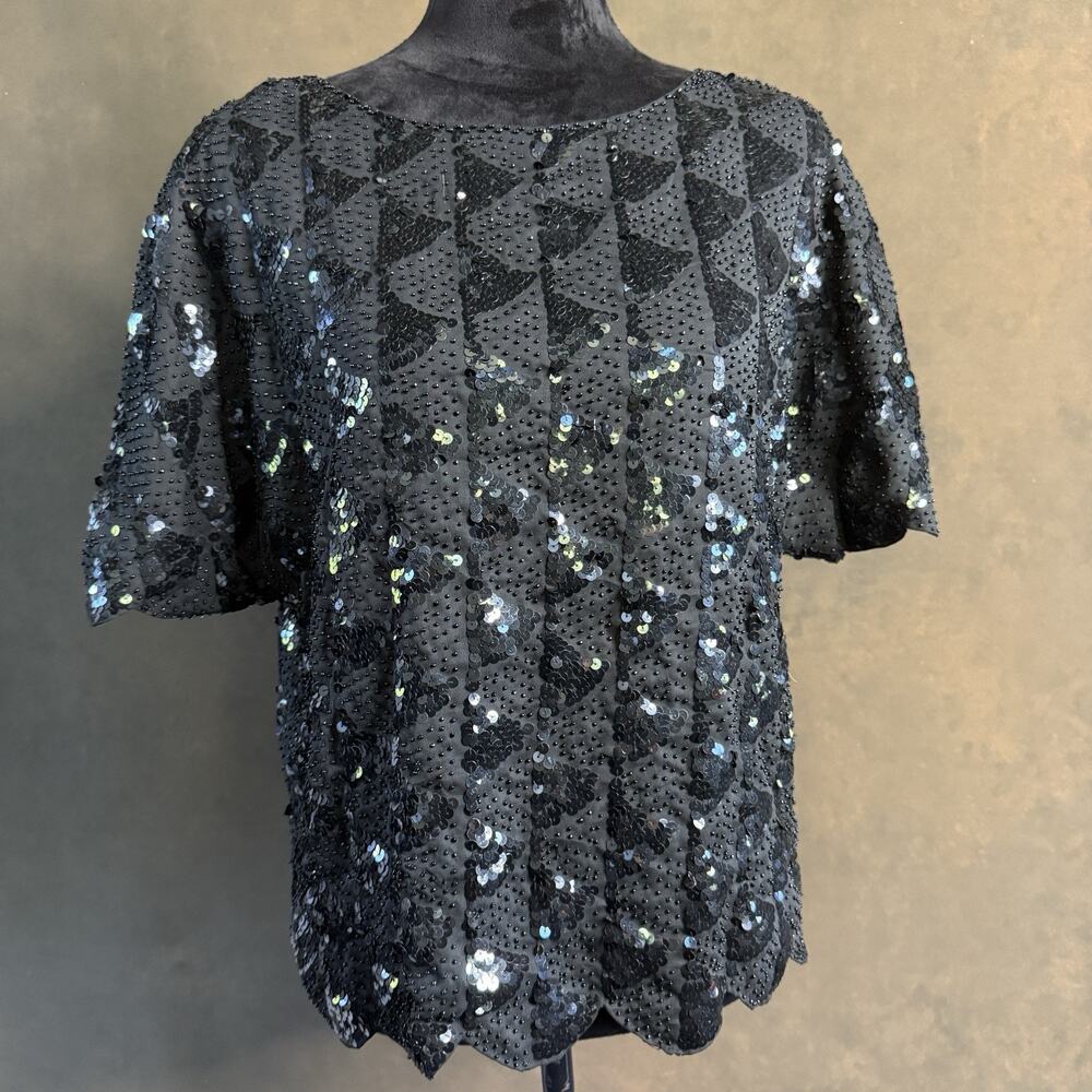 Vintage Hand Embroidered Black Sequin Beaded Top Blouse Scallop Hem Size 42